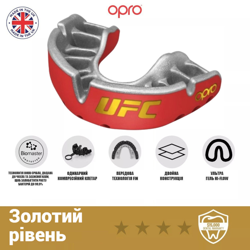 Капа OPRO Gold UFC взрослая (от 11 лет) Red/Silver, Двухслойная, Компрессионная клетка+гель Hi-Flow, Красный