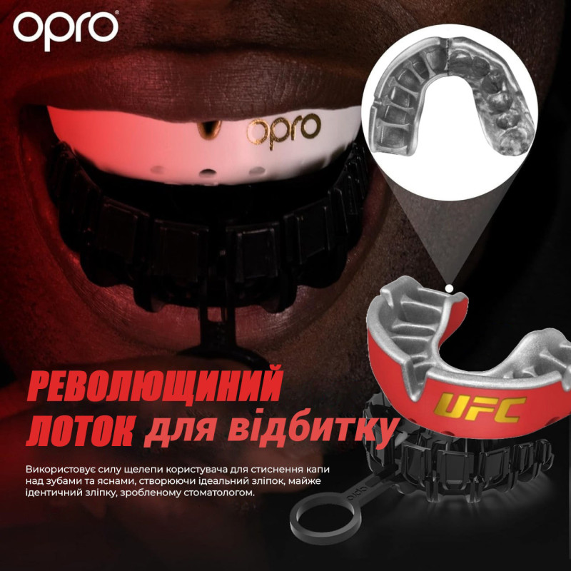 Капа OPRO Gold UFC взрослая (от 11 лет) Red/Silver, Двухслойная, Компрессионная клетка+гель Hi-Flow, Красный