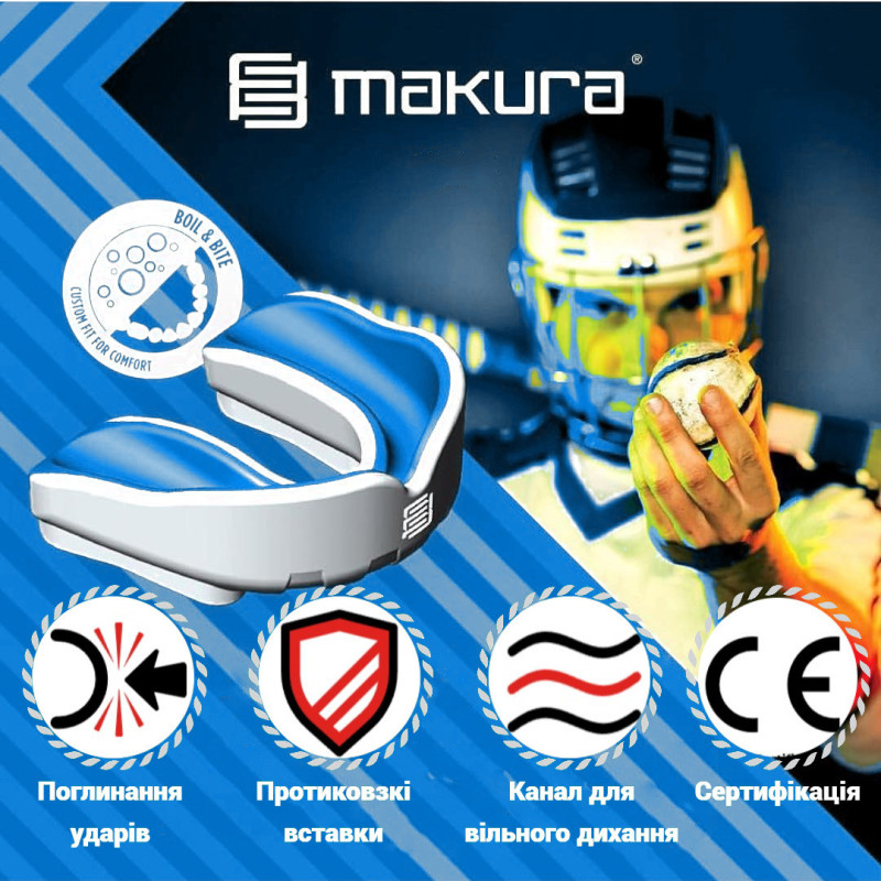 Капа MAKURA Ignis, Доросла (вік 11+) White/Blue, Посадка: BOIL & BITE™ (формується у гарячій воді), Термопластик, Біло-синій