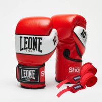 Боксерские перчатки Leone GN047 SHOCK Red (бинты 4 м. в комплекте), 12 унций, 100% кожа буйвола, Липучки, Красный