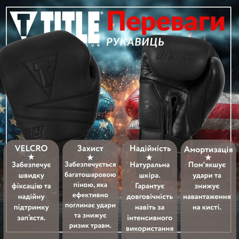 Боксерські рукавиці TITLE Black Bolstered Leather Black 14 oz (бинти 4м. в комплекті)