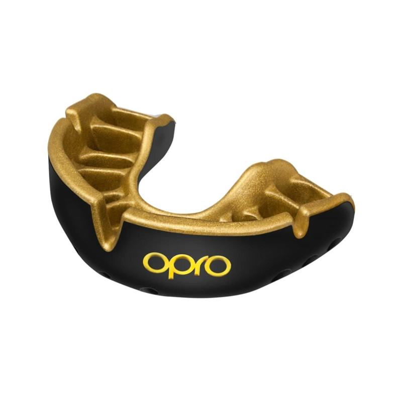 Капа OPRO Gold дитяча (вік до 10 років) Black/Gold,  Двошарова, Компресійна клітка+гель Hi-Flow, Чорний