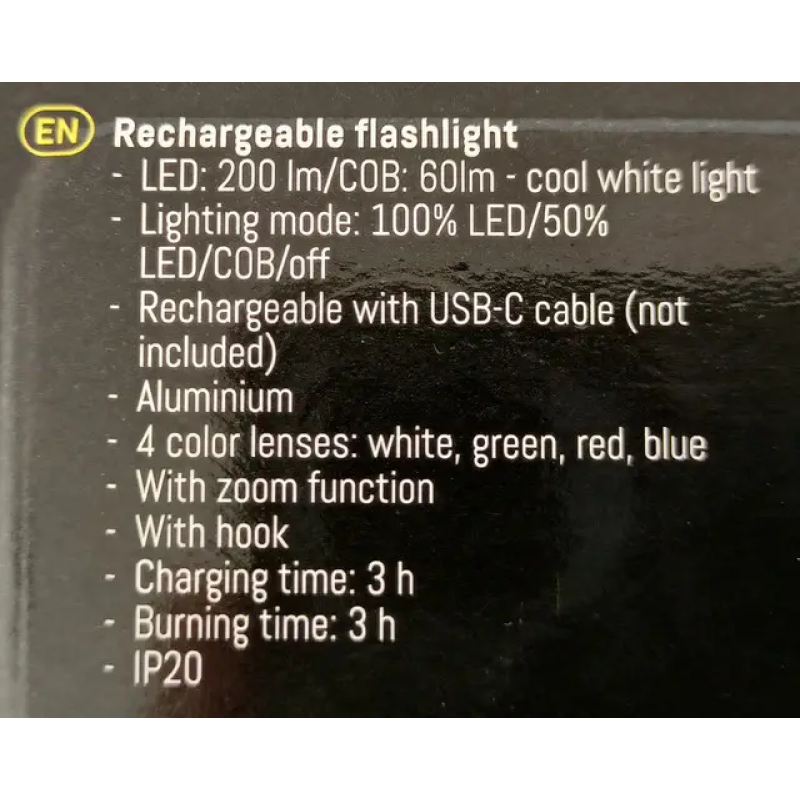 Аккумуляторный LED-фонарь 200+60 лм с USB-C, регулируемым фокусом и цветными фильтрами