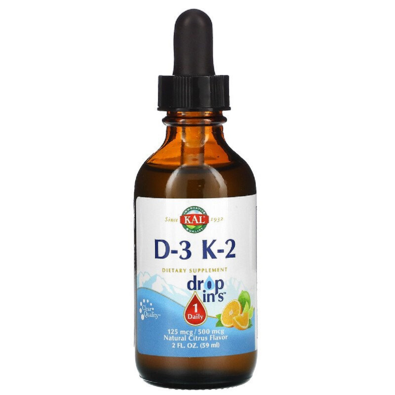 Витамин D3+K2, Vitamin D3 K2 Drop, KAL, цитрусовый вкус, 59 мл.