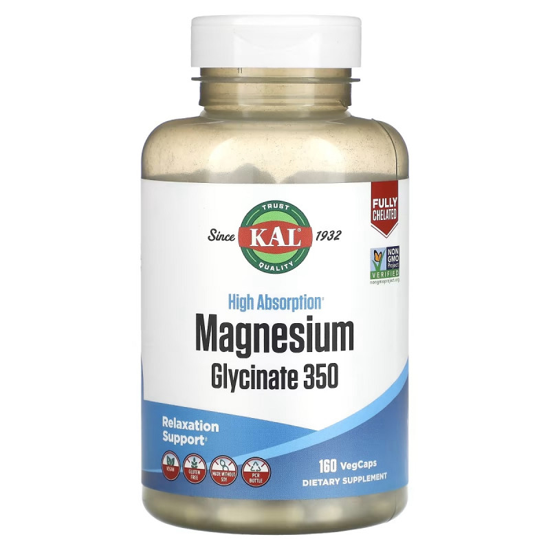 Магний Глицинат высокой усвояемости, 350 мг, High Absorption Magnesium Glycinate, KAL, 160 вегетарианских капсул
