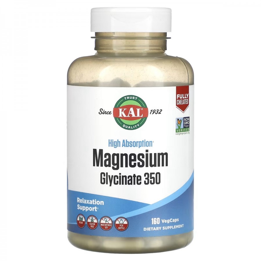 Магній Гліцинат високої засвоюваності, 350 мг, High Absorption Magnesium Glycinate, KAL, 160 вегетаріанських капсул