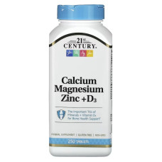 Кальцій, Магній, Цинк та Вітамін D3, Calcium Magnesium Zinc + D3, 21st Century, 250 таблеток