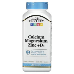 Кальцій, Магній, Цинк та Вітамін D3, Calcium Magnesium Zinc + D3, 21st Century, 250 таблеток