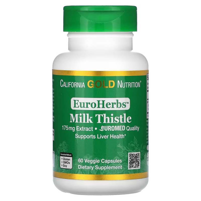 Экстракт розторопши, 175 мг, Milk Thistle Extract, EuroHerbs, European Quality, California Gold Nutrition, 60 вегетарианских капсул
