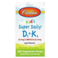 Витамин D3+K2 для детей в каплях, 1000 МО и 22,5 мкг, Kid's Super Daily D3+K2, Carlson, 10,16 мл