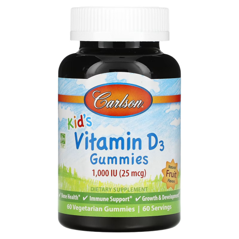 Витамин D3 Детский, 1000 МО, вкус фруктов, Kid's Vitamin D3 Gummies, Carlson, 60 вегетарианских жевательных конфет