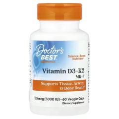 Вітамін D3 та K2, Vitamin D3 + K2, MK-7, Doctor's Best, 60 вегетаріанських капсул