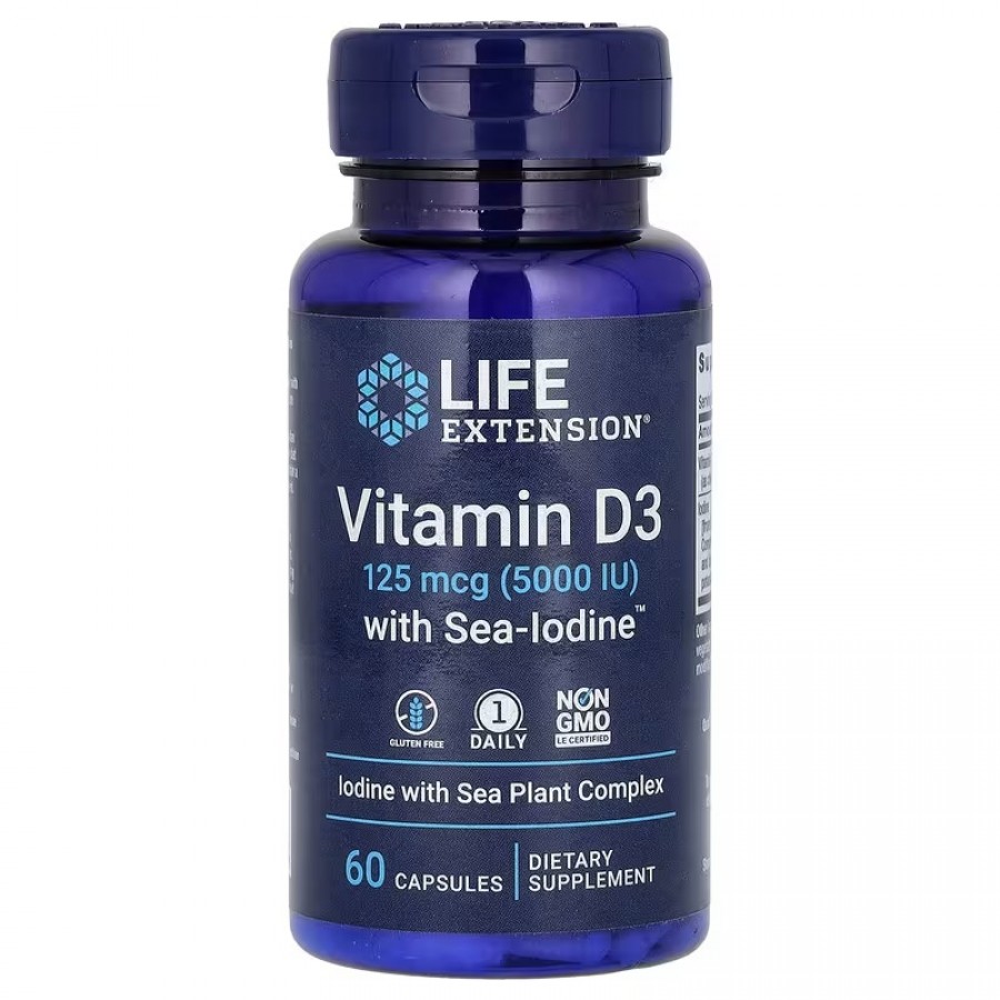 Вітамін D3 з морським йодом, 125 мкг (5000 МО), Vitamin D3 with Sea-Iodine, Life Extension, 60 капсул