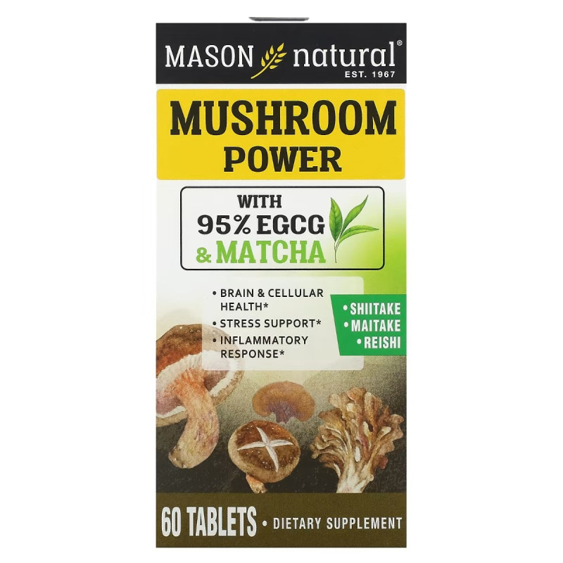 Грибы для здоровья мозга и клеток, Mushroom Power, Mason Natural, 60 таблеток