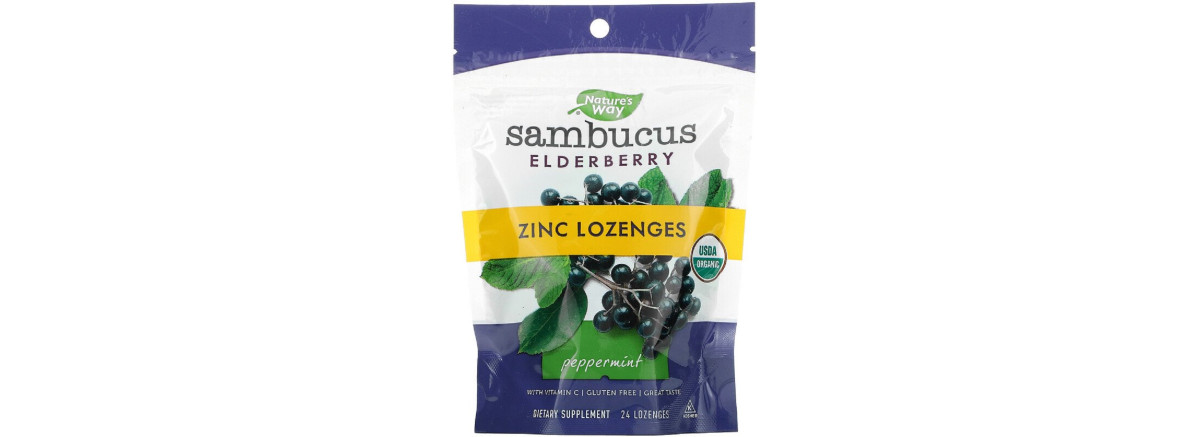 Льодяники бузини з цинком, смак м'яти, Sambucus, Zinc Lozenges, Peppermint, Nature's Way, 24 льодяника
