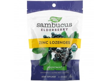 Льодяники бузини з цинком, смак м'яти, Sambucus, Zinc Lozenges, Peppermint, Nature's Way, 24 льодяника