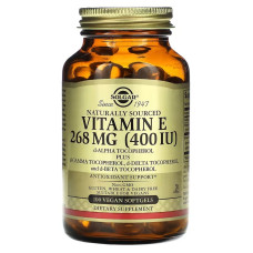Витамин Е, 268 мг (400 МО), Натуральный источник витамина Е, Solgar, 100 веганских желатиновых капсул