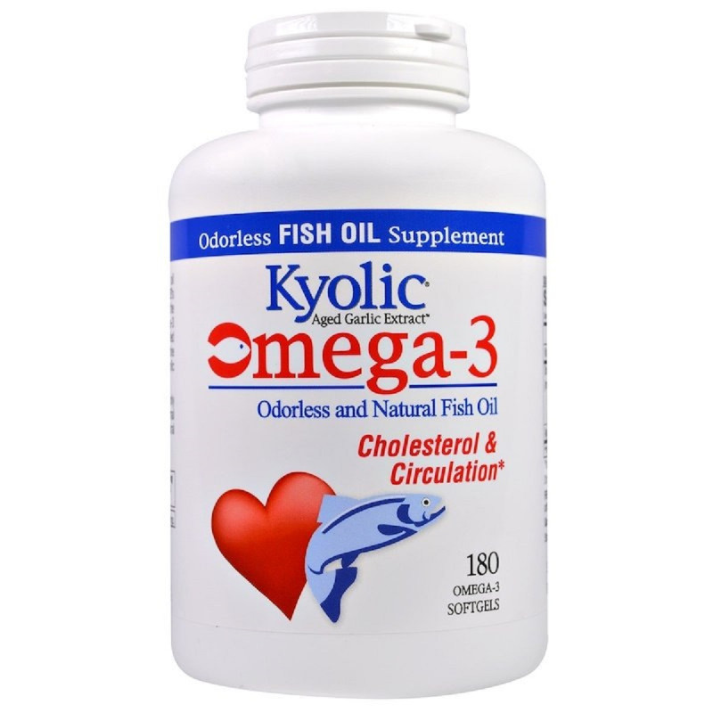 Омега-3, натуральный рыбий жир без запаха, Omega-3, Холестерин и кровообращение, Kyolic, 180 гелевых капсул