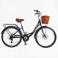 Велосипед городской Corso «Polaris» 26'' PS-12833 + КОРЗИНА СИНИЙ стальная рама 16.5'', Shimano 7 скоростей, корзина, багажник