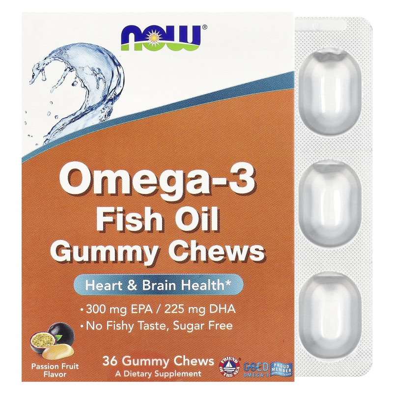 Омега-3 Рыбий жир, Omega-3 Fish Oil Gummy Chews, NOW Foods, вкус маракуйи, 36 жевательных конфет