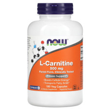 L-карнітин, L-Carnitine, Now Foods, 500 мг, 180 вегетаріанських капсул
