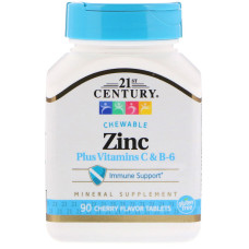 Цинк в жевательных таблетках, Zinc Chewable, 21st Century, вишня, 90 таб.