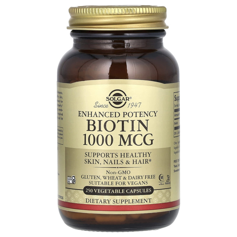 Биотин, Biotin, Solgar, 1000 мкг, 250 растительных капсул