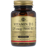 Вітамін D3 (холекальциферол), Vitamin D3, Solgar, 125 мкг (5000 МО), 100 гелевих капсул