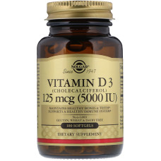 Вітамін D3 (холекальциферол), Vitamin D3, Solgar, 125 мкг (5000 МО), 100 гелевих капсул