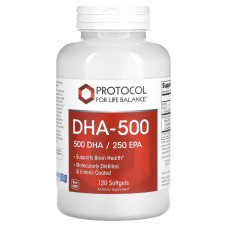 Докозагексаеновая кислота (ДГК), DHA-500, Protocol for Life Balance, 500 ДГК/250 ЭПК, 120 гелевых капсул