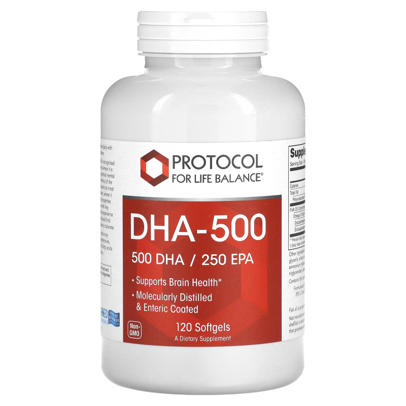 Докозагексаеновая кислота (ДГК), DHA-500, Protocol for Life Balance, 500 ДГК/250 ЭПК, 120 гелевых капсул