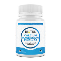 Кальций, магний, цинк + D3, Calcium, Magnesium, Zinc + D3, Biotus, 60 капсул
