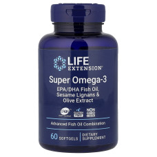 Омега-3, Super Omega-3, Life Extension, риб'ячий жир EPA/DHA, лігнани кунжуту та екстракт оливок, 60 гелевих капсул