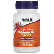Витамин D-3, Vitamin D-3, NOW Foods, высокоэффективный, 125 мкг (5000 МЕ), 120 гелевых капсул