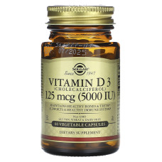 Витамин Д3, вітамін Д3, Солгар, 125 мкг (5000 МЕ), 60 вегетарианских капсул