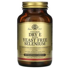 Витамин Е сухой, Vitamin E, Solgar, с селеном без дрожжей, 100 вегетарианских капсул