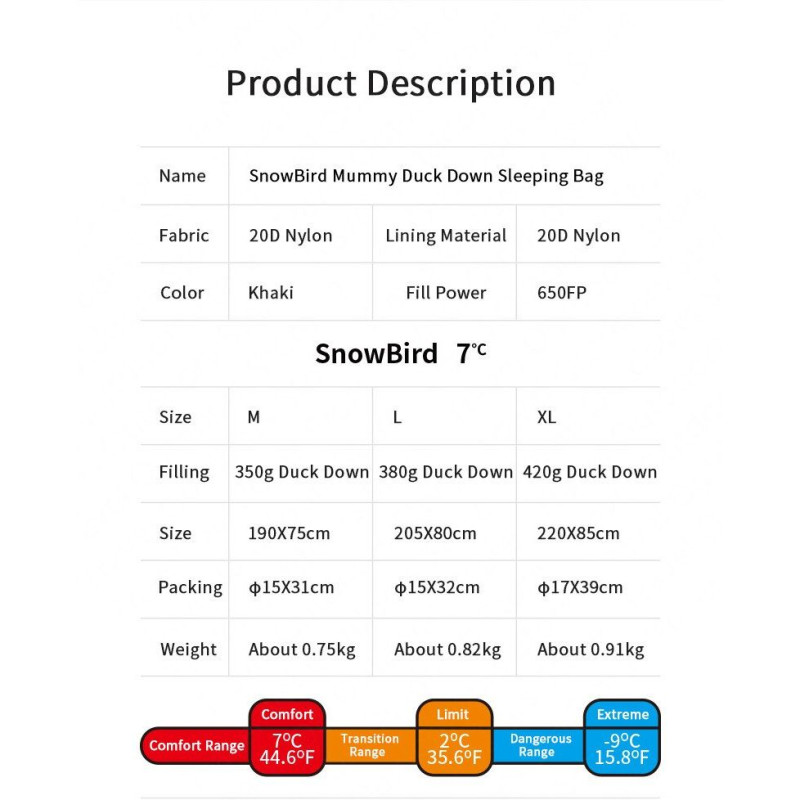 Спальник з натуральним пухом Naturehike Snowbird NH20YD001, p-р L, коричневий 380 г