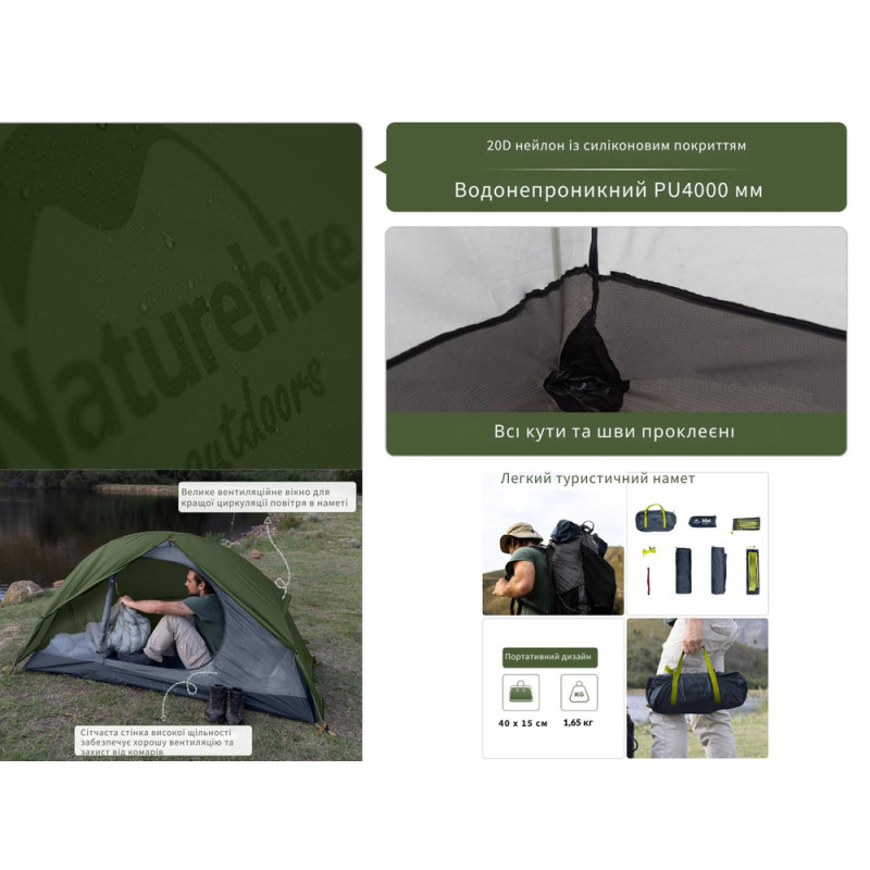 Намет надлегкий одномісний з футпринтом Naturehike Cycling 1 NH18A095-D, 210T, темний зелений