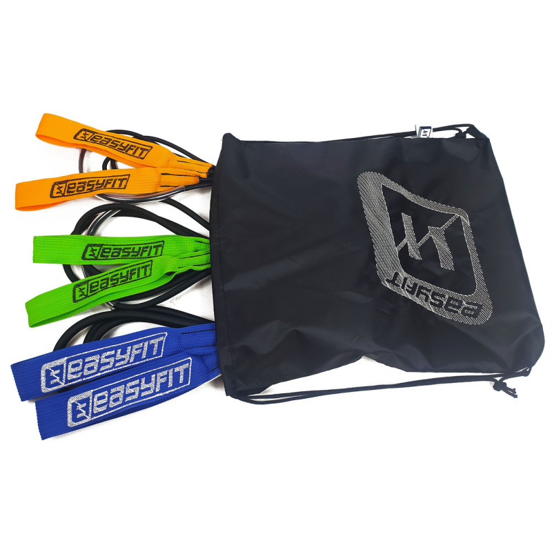 Резиновые петли-эспандер EasyFit, Набор 3 шт, Сопротивление 4-60 кг, Длина 300 см, Длина ручки 30 см, Длина дверного крепления 60 см, Толщина 6, 8, 10 мм, Для фитнеса, силовых тренировок, йоги и реабилитации, Оранжевый, Салатовый, Синий