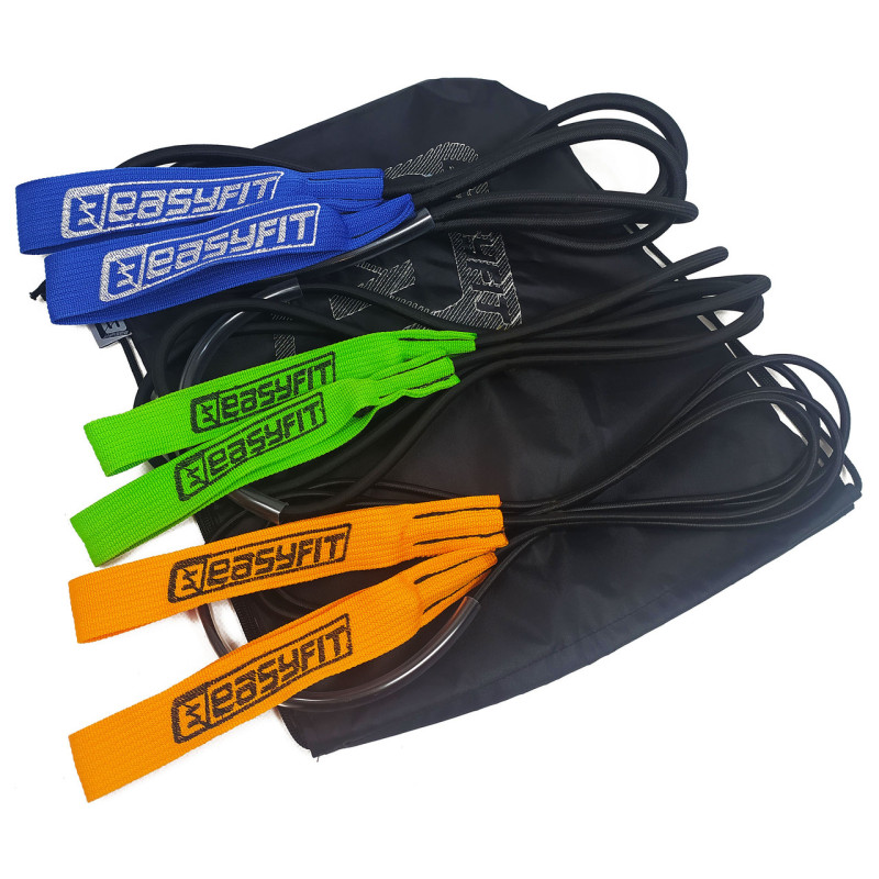 Резиновые петли-эспандер EasyFit, Набор 3 шт, Сопротивление 4-60 кг, Длина 300 см, Длина ручки 30 см, Длина дверного крепления 60 см, Толщина 6, 8, 10 мм, Для фитнеса, силовых тренировок, йоги и реабилитации, Оранжевый, Салатовый, Синий