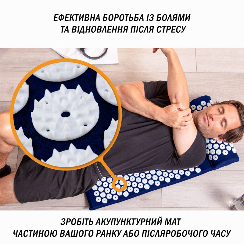 Массажный коврик EasyFit с подушкой (аппликатор Кузнецова) для массажа спины и шеи с чехлом, длина 62 см, ширина 40 см, толщина 2 см, хлопок, пластик, синий