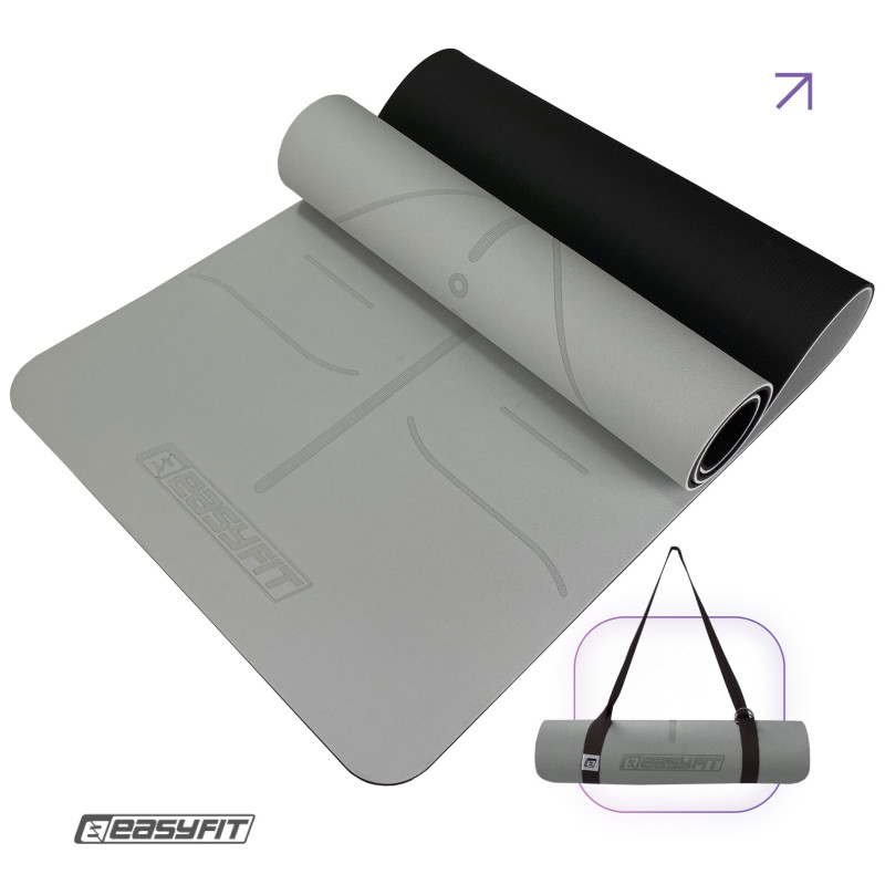Килимок для йоги та фітнесу EasyFit Polarity Stone з ременем, Розмір 183х61 см, Товщина 8 мм, TPE/TC, Сіро-чорний