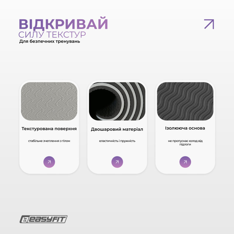 Килимок для йоги та фітнесу EasyFit Polarity Stone з ременем, Розмір 183х61 см, Товщина 8 мм, TPE/TC, Сіро-чорний