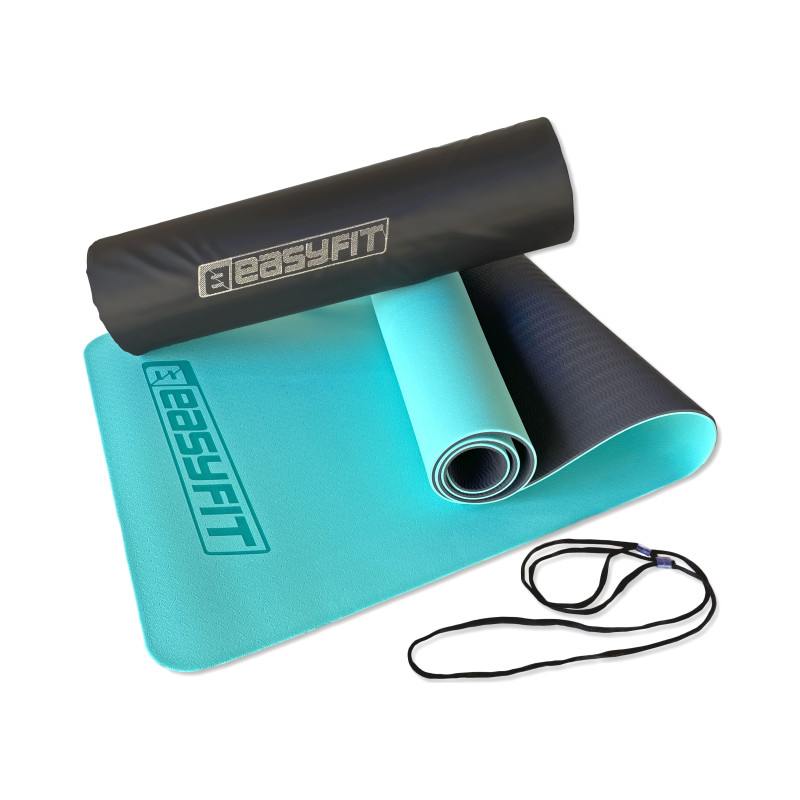 Двошаровий килимок EasyFit для пілатесу, фітнесу та йоги з чохлом, 183x61 см, товщина 6 мм, TPE/TC, ECO-Friendly, м'ятно-чорний