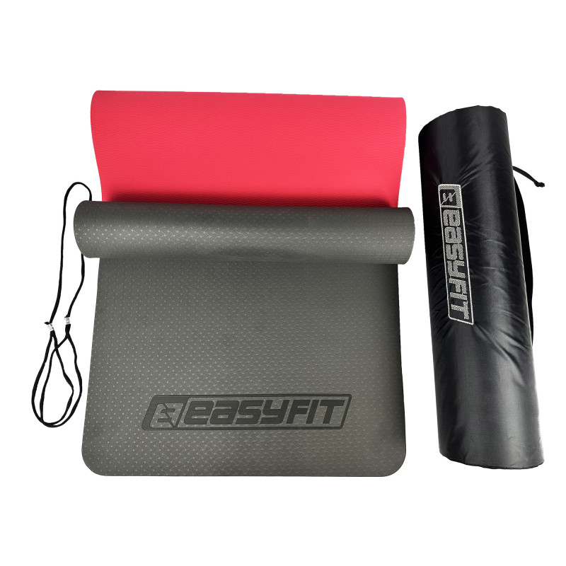 Двошаровий килимок EasyFit для пілатесу, фітнесу та йоги з чохлом, 183x61 см, товщина 6 мм, TPE/TC, ECO-Friendly, чорно-червоний