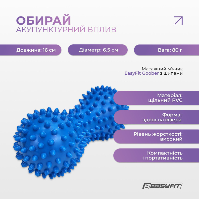 Масажний м'ячик EasyFit Goober з шипами, Довжина16 см, Діаметр 6,5 см, PVC, для МФР, зняття напруги та самомасажу, Синій
