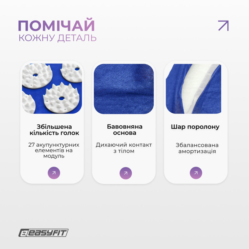 Массажный коврик EasyFit с подушкой (аппликатор Кузнецова) для массажа спины и шеи с чехлом, синий