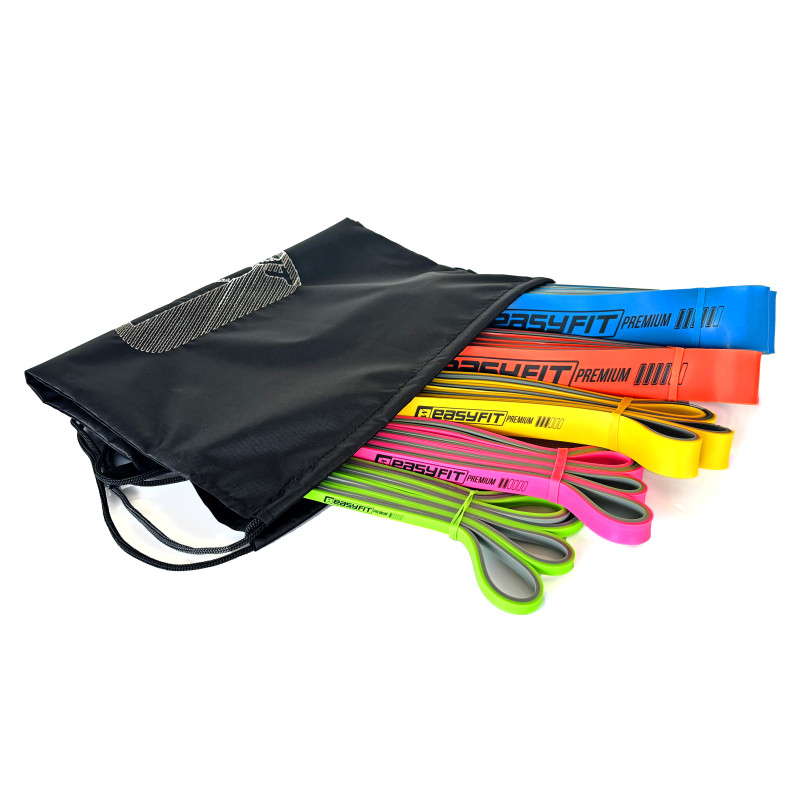 Двухслойные резинки (эспандеры) EasyFit Premium, набор 5 шт, сопротивление 2-63 кг, длина 200 см, ширина: 0,64 мм, 1,3 мм, 2,2 мм, 3,2 мм, 4,4 мм, толщина 4,5 см, латексная резина, зеленый, розовый, желтый, оранжевый, синий, для подтягиваний