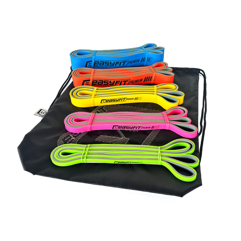 Двухслойные резинки (эспандеры) EasyFit Premium, набор 5 шт, сопротивление 2-63 кг, длина 200 см, ширина: 0,64 мм, 1,3 мм, 2,2 мм, 3,2 мм, 4,4 мм, толщина 4,5 см, латексная резина, зеленый, розовый, желтый, оранжевый, синий, для подтягиваний
