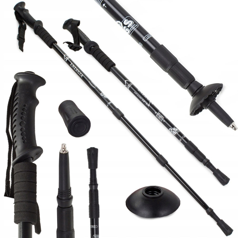 Палиця для скандинавської ходьби EasyFit Energia (1 палиця), Довжина 64-135 см, Алюміній, Гума, Чорний, Для асфальту, піску, снігу та інших типів покриття